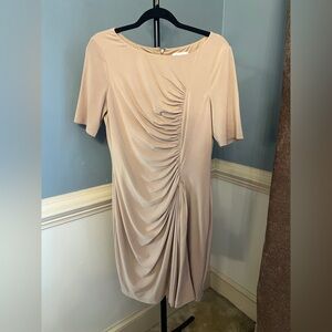 Calvin Klein Tan Ruched Midi Dress 10 back zip